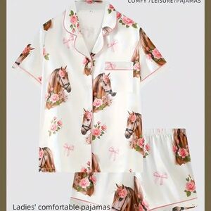 Horse Print Pajamas Set Floral Equestrian Style 
Size L Pink White Satin